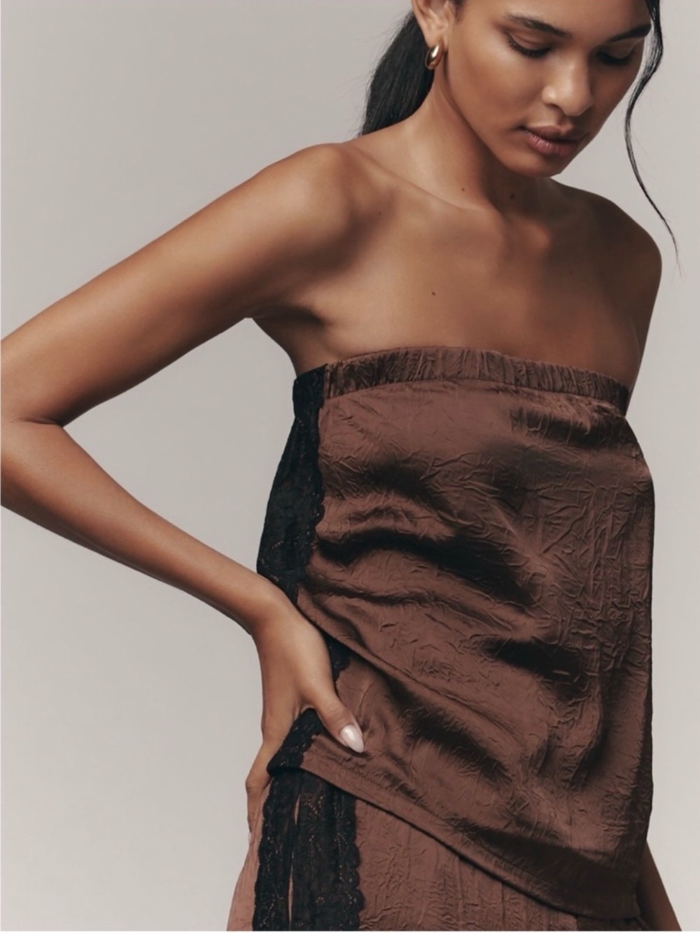 Anthropologie Strapless Textured Top with Black Lace Trim